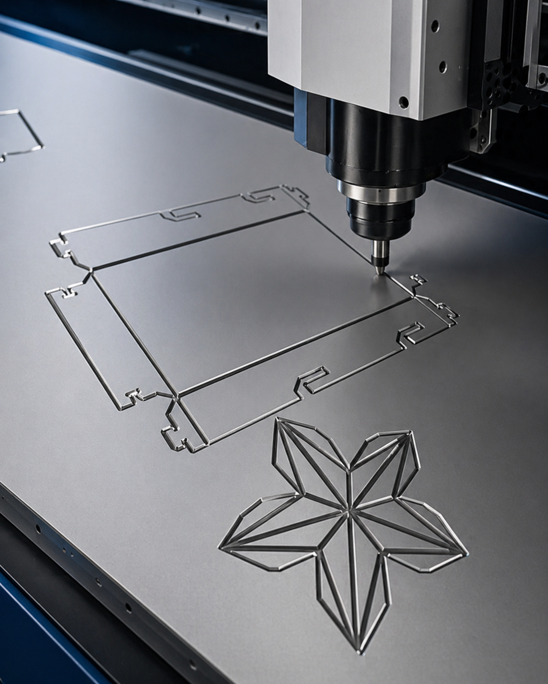 Corte CNC de precisión sobre lámina metálica con formas geométricas